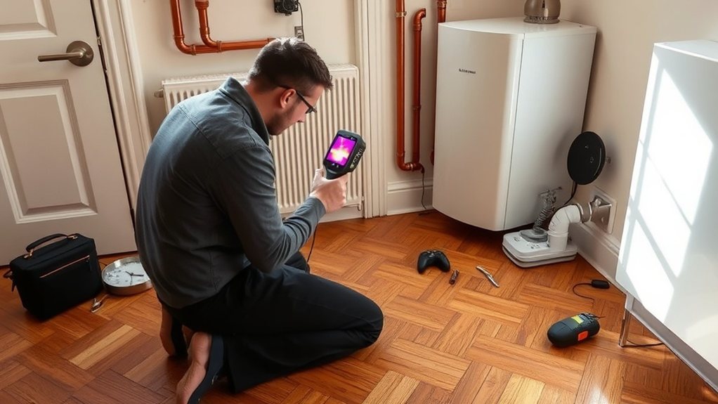 Engineer locating central heating leak using thermal imaging in New Malden
