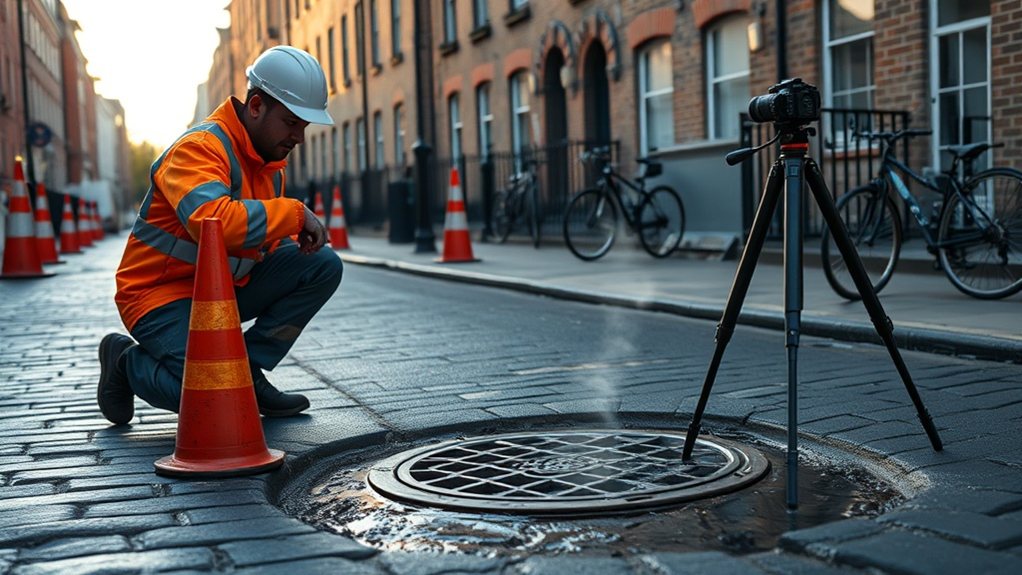 Engineer carrying out water mains leak detection in New Malden